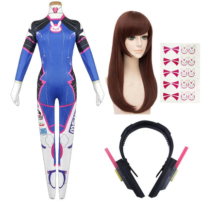 D.va Cosplay Costume and Accessory Options for Women, Blue Character Jumpsuit, Wig, Headset and Prop Selections for Halloween and Conventions