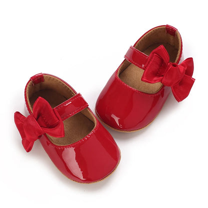 Baby Girl Mary Jane Shoes with Bow Detail and Glossy Finish, Round-Toe Infant Dress Flats for Spring Outfits, Parties and Photos, 0-18 Months