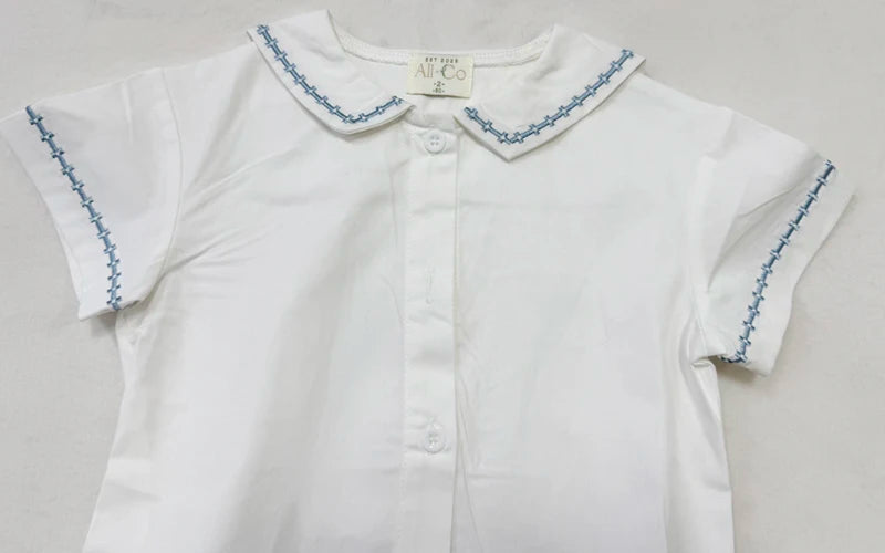 Matching Sibling Clothes with Classic Blue Trim, Shirts, Shorts, Overalls, Dresses and Cardigan Options for Baby Boys, Girls and Kids