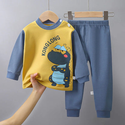 Dinosaur Print Kids Cotton Two-Piece Set with Long Sleeve Top and Matching Cuffed Pants, Unisex Baby and Toddler Outfit in Sizes 73-130