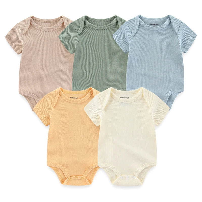Infant Cotton Bodysuits 5-Pack with Short Sleeves and Envelope Shoulders, Solid Colors and Playful Prints for Baby Boys and Girls, Sizes 3M-12M