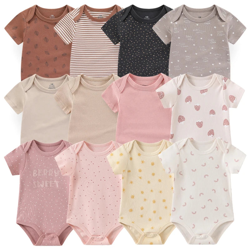 Baby Cotton Bodysuit Set, 6-Piece Short Sleeve Outfits with Envelope Shoulders and Snap Crotch for Boys and Girls, Sizes 3M-12M