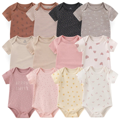 Baby Cotton Bodysuit Set, 6-Piece Short Sleeve Outfits with Envelope Shoulders and Snap Crotch for Boys and Girls, Sizes 3M-12M