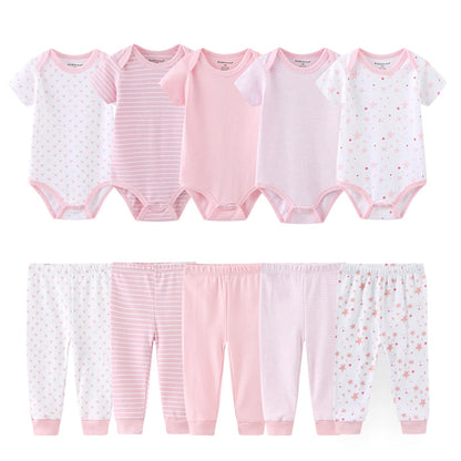 Baby Bodysuit and Pants Set, 10-Piece Kiddiezoom Infant Clothing Bundle with Short-Sleeve Tops for Boys and Girls, Sizes 3M-12M