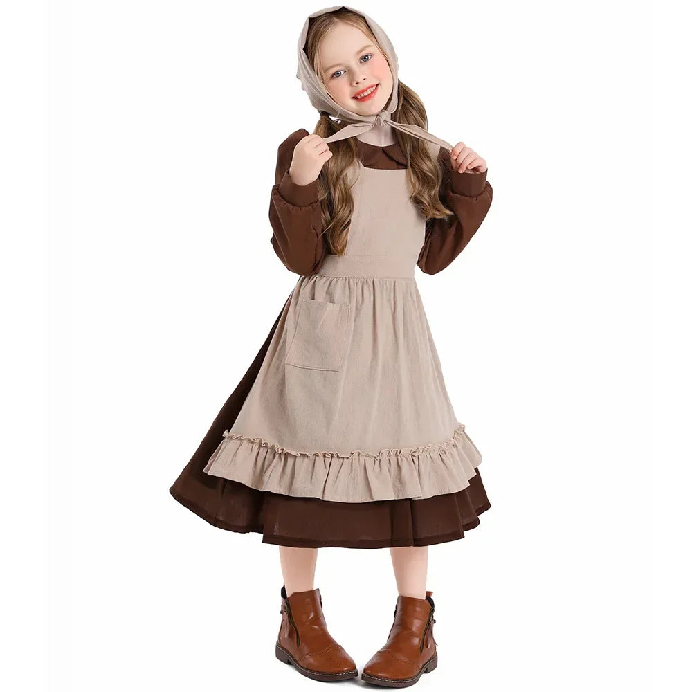 Girls Pioneer Prairie Costume Dress with Apron and Bonnet Options for Colonial School Plays, Historical Dress-Up and Halloween Events
