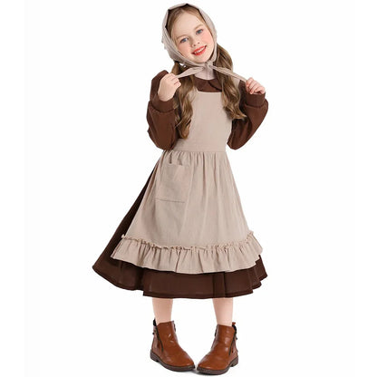 Girls Pioneer Prairie Costume Dress with Apron and Bonnet Options for Colonial School Plays, Historical Dress-Up and Halloween Events