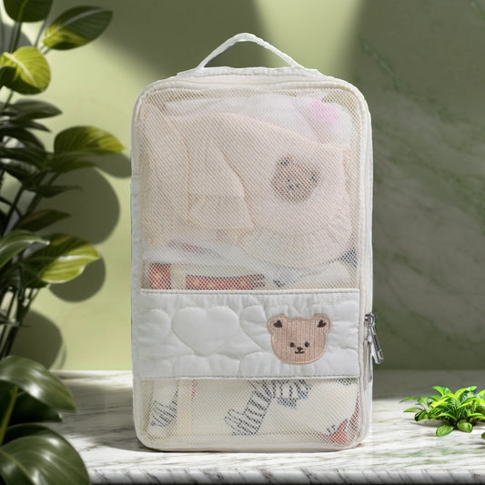 Diaper Organizer Bag with Mesh Front and White Bear Detail, Portable Zip Pouch for Baby Clothes, Changing Essentials and Family Travel