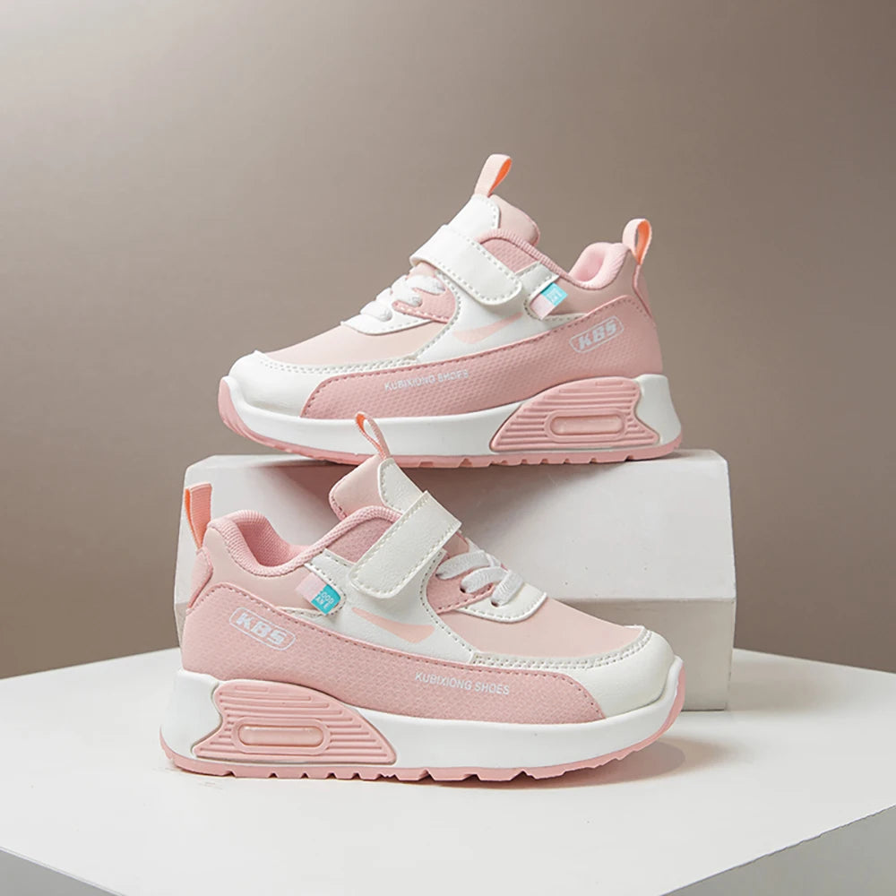 Color-Block Kids Running Shoes with PU Leather Upper, Soft Rubber Sole and Strap Closure for Boys and Girls, School Days and Outdoor Play