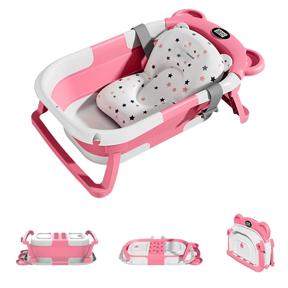 Travel Baby Bathtub with Thermometer and Soft Floating Cushion, Collapsible PP and TPE Bath Tub with Drain Plug for Supervised Infant and Toddler Bathing