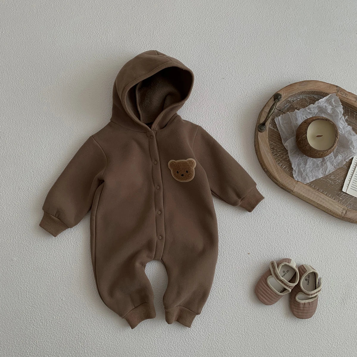 Baby Hooded Snap Front Jumpsuit with Bear Patch, Long Sleeve One-Piece Outfit in Coffee or Beige for Boys and Girls, Sizes 3M-18M