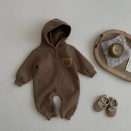 Baby Hooded Snap Front Jumpsuit with Bear Patch, Long Sleeve One-Piece Outfit in Coffee or Beige for Boys and Girls, Sizes 3M-18M