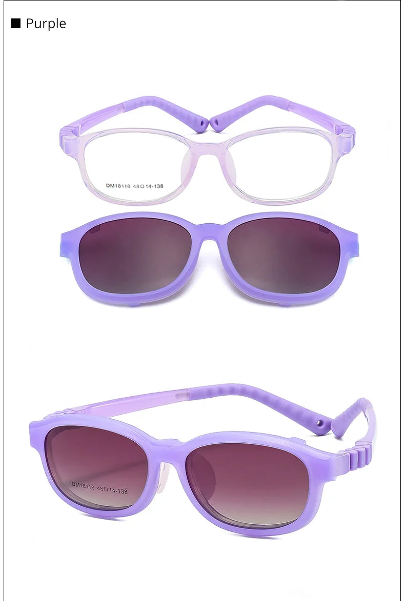 Children's 2-in-1 Sunglasses with Flexible Eyeglass Frame and Removable Sun Clip, Colorful Kids Shades for Summer Outings and Family Travel
