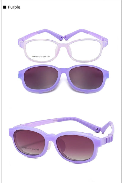 Children's 2-in-1 Sunglasses with Flexible Eyeglass Frame and Removable Sun Clip, Colorful Kids Shades for Summer Outings and Family Travel