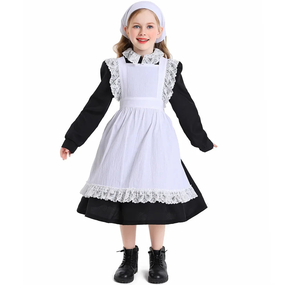 Girls Pioneer Prairie Costume Dress with Apron and Bonnet Options for Colonial School Plays, Historical Dress-Up and Halloween Events