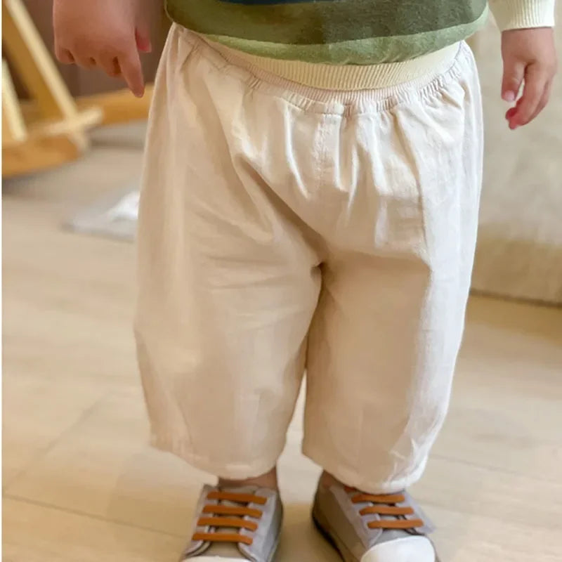 Toddler Pull-On Pants with Elastic Waist and Back Pocket, Solid Color Loose Ankle-Length Trousers for Boys and Girls, Sizes 12M-5T