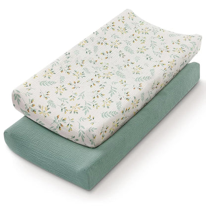 Muslin Cotton Changing Pad Covers 2-Pack with Elastic Edges, Double-Layer Baby Diaper Mat Covers for Newborn Nursery Care and Baby Shower Gifts