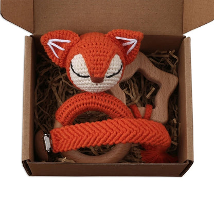 Crochet Animal Rattle Set with Wooden Ring and Coordinating Accessories, Rabbit, Deer and More Designs for Supervised Play and Baby Shower Gifts