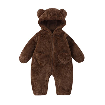 Bear Ear Baby Romper with Plush Texture and Heart Pockets, Hooded Zip Front One-Piece Outfit for Boys and Girls in Four Colors, 0-12 Months