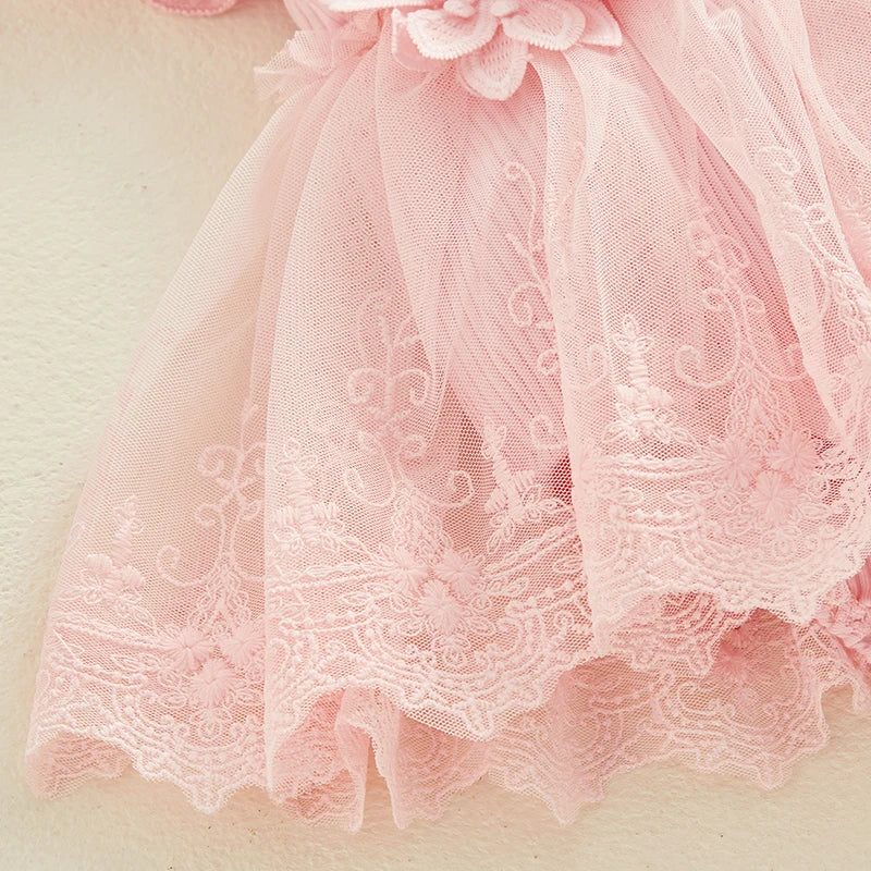 Flower Applique Baby Girl Romper Dress with Headband, Lace Mesh Skirt and Waist Bow, Cotton Blend Summer Occasion Outfit for 0-18 Months