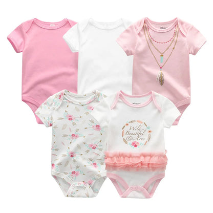 Infant Cotton Bodysuits 5-Pack with Short Sleeves and Envelope Shoulders, Solid Colors and Playful Prints for Baby Boys and Girls, Sizes 3M-12M