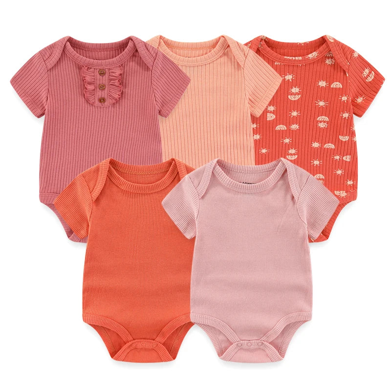 Infant Cotton Bodysuits 5-Pack with Short Sleeves and Envelope Shoulders, Solid Colors and Playful Prints for Baby Boys and Girls, Sizes 3M-12M