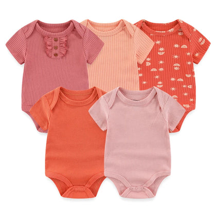 Infant Cotton Bodysuits 5-Pack with Short Sleeves and Envelope Shoulders, Solid Colors and Playful Prints for Baby Boys and Girls, Sizes 3M-12M