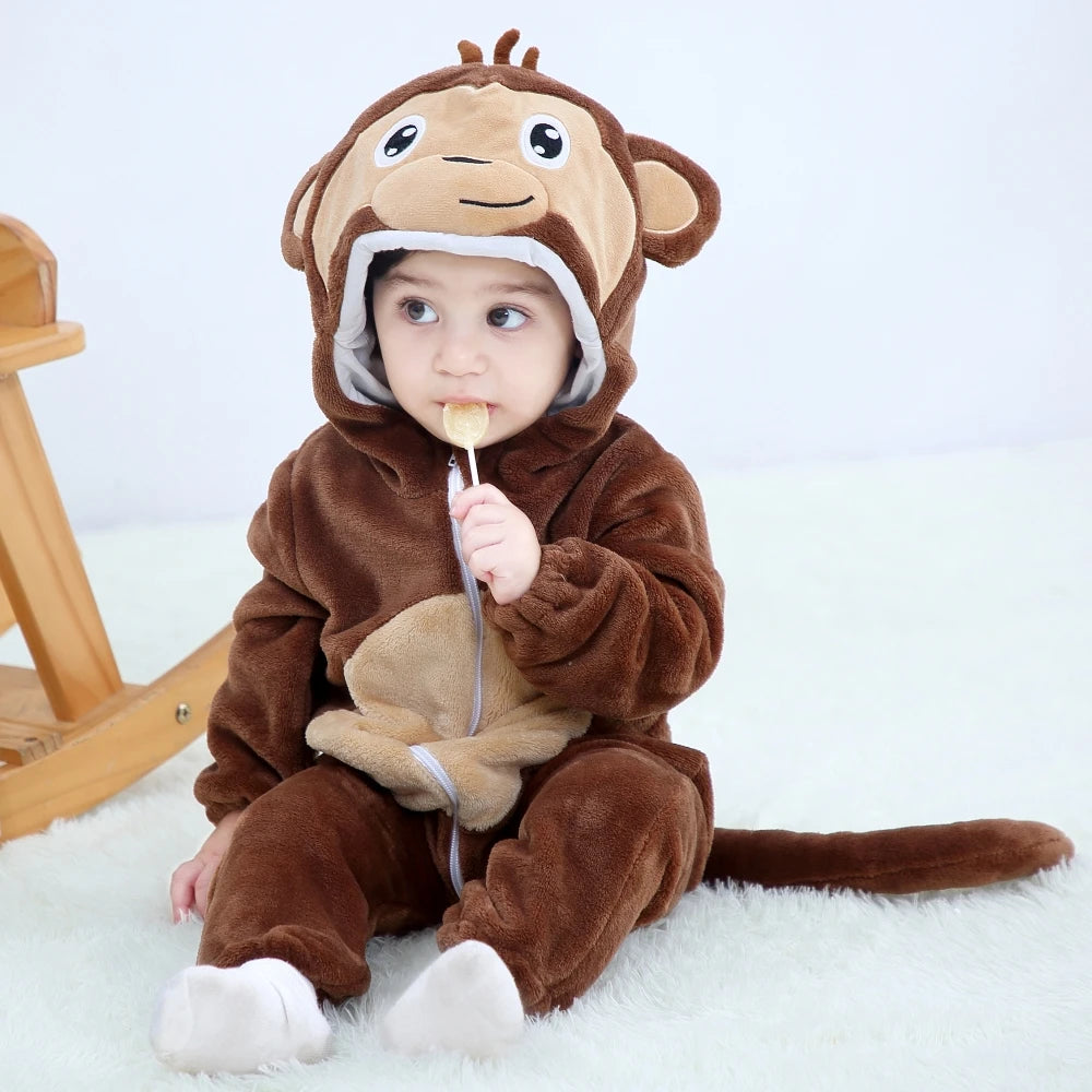 Animal Kigurumi Costume for Babies and Toddlers, Hooded Flannel Jumpsuit with Long Sleeves for Halloween Dress-Up and Family Photos