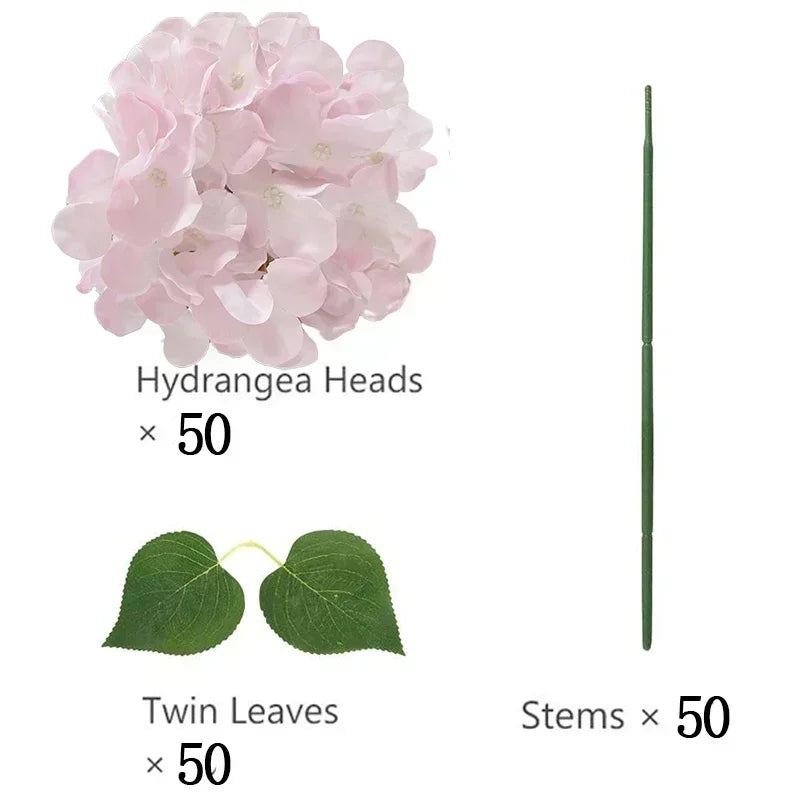 Artificial Hydrangea Flower Heads, 50-Piece Silk-Fabric Floral Set with Stem or Leaf Options for DIY Wedding Centerpieces, Baby Showers and Home Decor