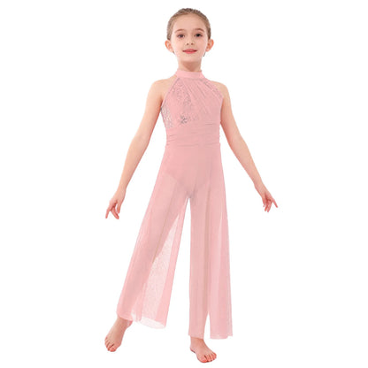 Girls Sequin Dance Jumpsuit with Split Wide-Leg Mesh, Sleeveless Mock Neck and Crisscross Back for Lyrical Recitals and Stage Performances
