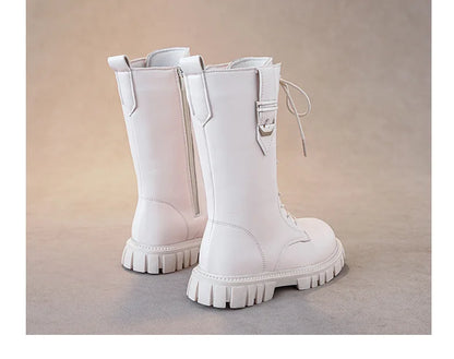 Girls Buckle Detail Tall Boots with Lace-Up Front and Side Zippers, Chunky Lug-Style Soles and Round Toes for Casual Fall Outfits
