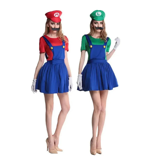 Adult Mario and Luigi Inspired Costume for Men and Women, Red or Green Blue-Overall Styling with Hat and Mustache for Halloween and Cosplay