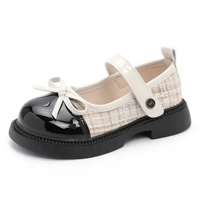 Girls Patchwork Mary Jane Shoes with Bow Detail, Glossy Round Toe and Textured Panels in Black or Beige for Spring Fall Dressy Outfits