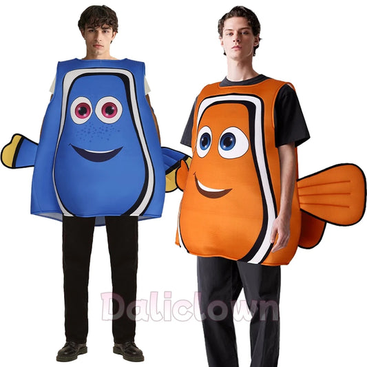 Adult Fish Costume Tunic in Orange Nemo or Blue Dory Style, One Size Cartoon Ocean Outfit for Halloween Cosplay and Themed Parties