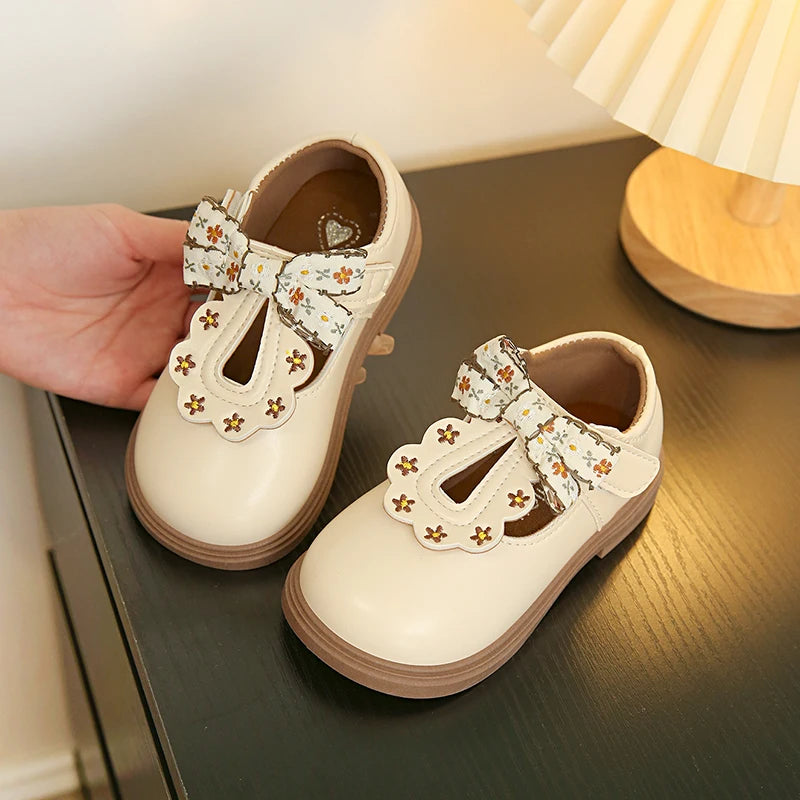Girls Floral Bow T-Strap Shoes with Scalloped Flower Details and Round Toe, Black or Beige Dress Flats for School Outfits, Parties and Photos