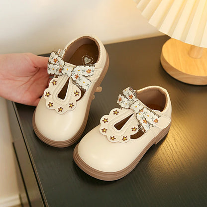 Girls Floral Bow T-Strap Shoes with Scalloped Flower Details and Round Toe, Black or Beige Dress Flats for School Outfits, Parties and Photos