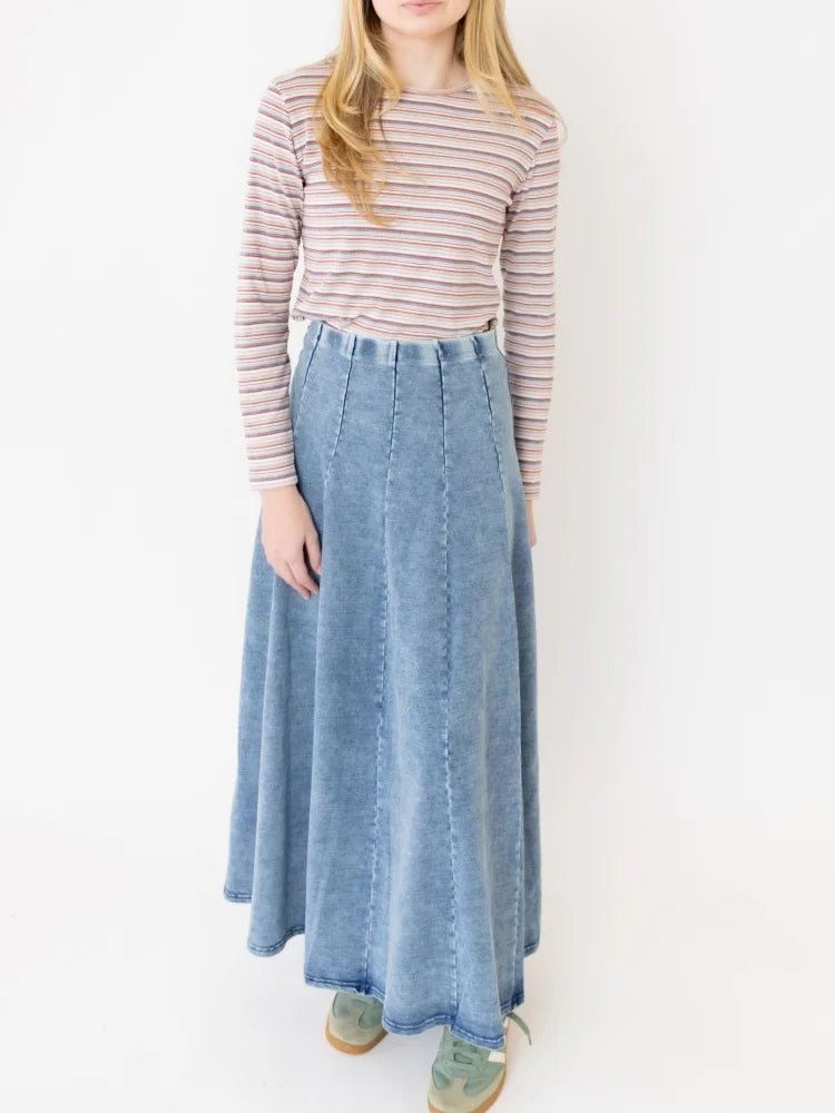 Denim Panel Pleated Skirt for Girls, Teens and Women, Washed Blue and Gray Cotton Styles with Black Jersey Option for Everyday Casual Outfits