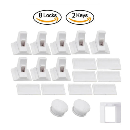 Magnetic Cabinet Safety Locks with Hidden Interior Latches and No-Drill Adhesive Installation for Compatible Drawers and Cupboard Doors