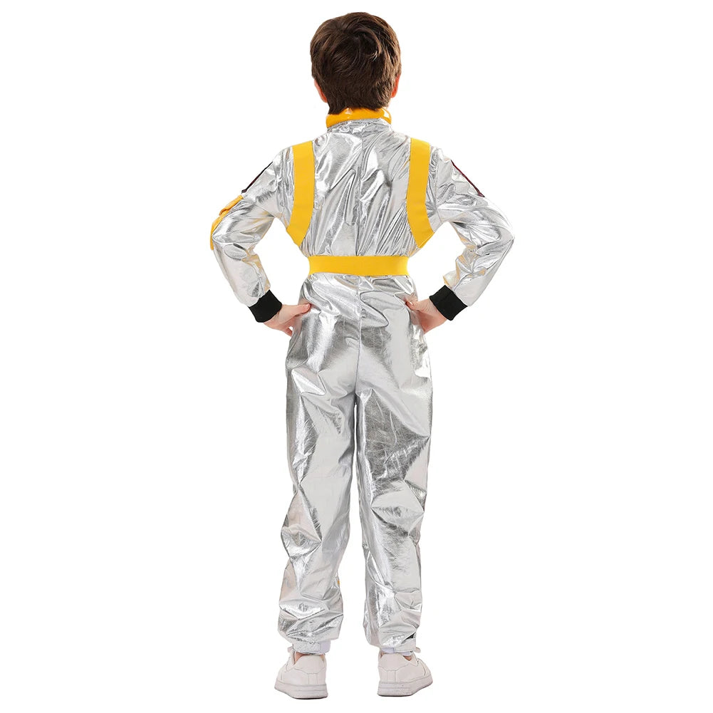 Kids Astronaut Costume Jumpsuit, Silver Space Explorer Outfit for Halloween, Carnival, Cosplay and Imaginative Dress-Up, Sizes 120–150