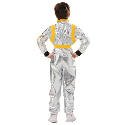 Kids Astronaut Costume Jumpsuit, Silver Space Explorer Outfit for Halloween, Carnival, Cosplay and Imaginative Dress-Up, Sizes 120–150