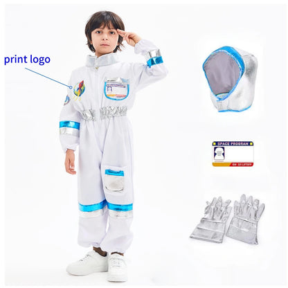 Space Explorer Costume for Kids with White Astronaut Jumpsuit, Space-Themed Patches and Metallic Trim Options for Halloween and Birthday Parties