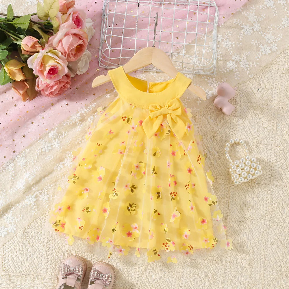 Baby Girl Floral Mesh Dress with Bow, Sleeveless Party Dress in Infant and Toddler Sizes for Birthdays, Family Photos and Summer Celebrations