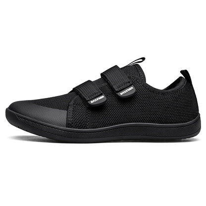 Kids Barefoot-Style Mesh Sneakers with Wide Toe and Double-Strap Fastening, Breathable Knitted Casual Walking Shoes in Gray, Black or Blue for Boys and Girls