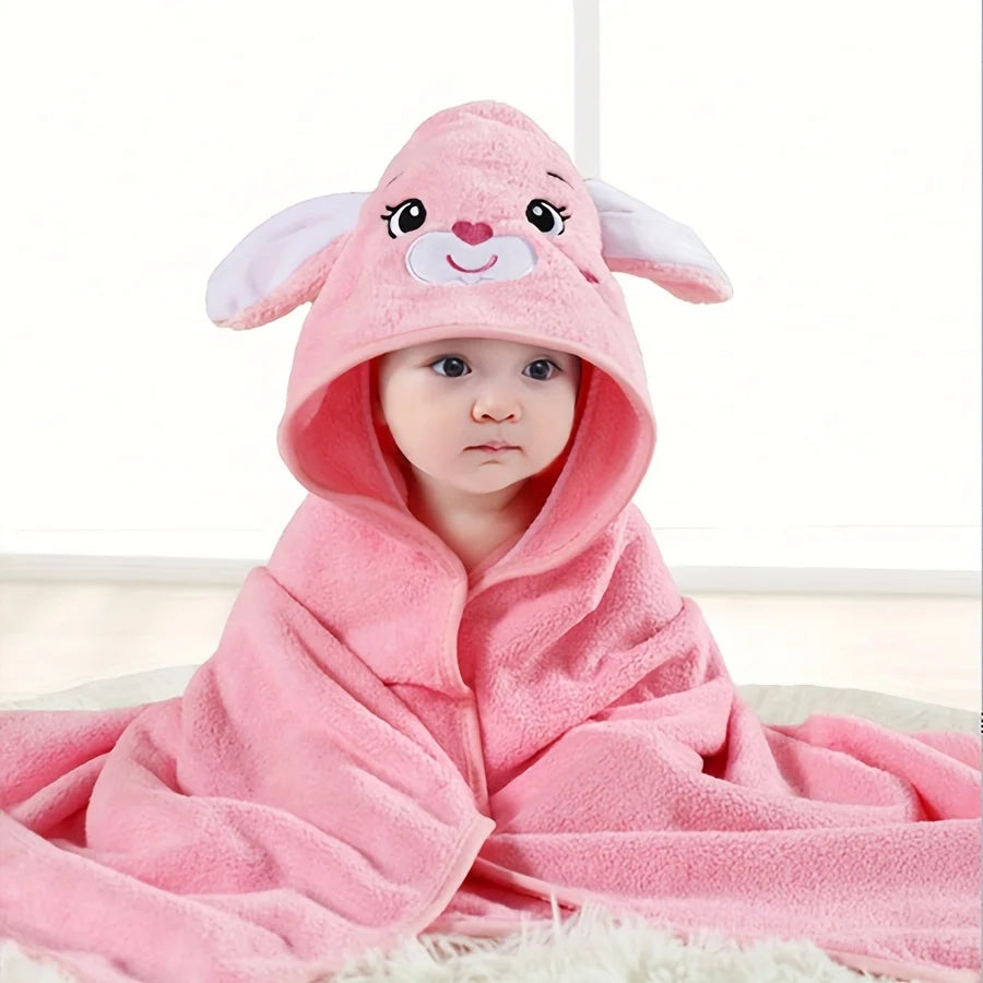 Animal Hooded Baby Towel in Soft Coral Fleece, Newborn Bath Wrap with Six Cute Character Styles for After-Bath, Pool and Beach Drying
