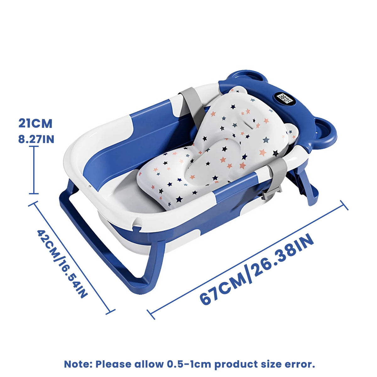 Travel Baby Bathtub with Thermometer and Soft Floating Cushion, Collapsible PP and TPE Bath Tub with Drain Plug for Supervised Infant and Toddler Bathing