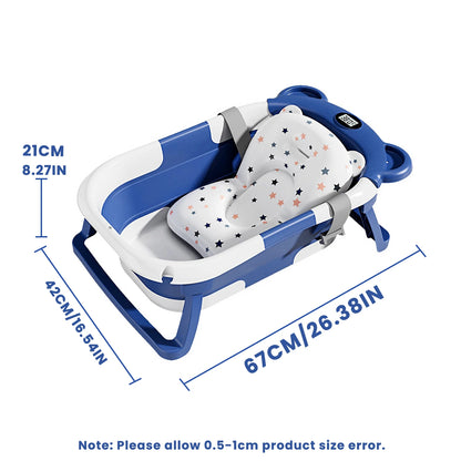 Travel Baby Bathtub with Thermometer and Soft Floating Cushion, Collapsible PP and TPE Bath Tub with Drain Plug for Supervised Infant and Toddler Bathing