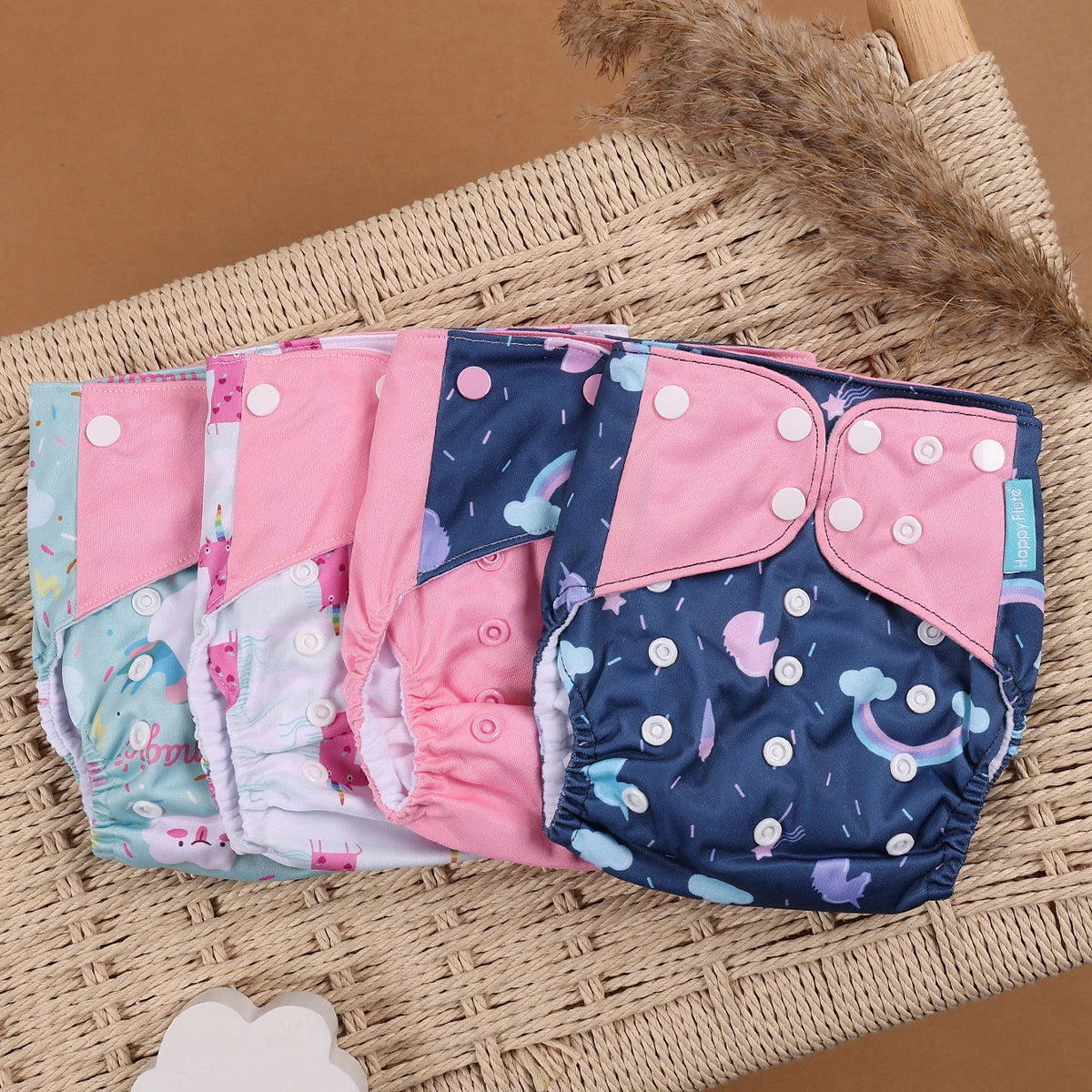 Pocket Cloth Diapers 4-Pack by Happyflute, Reusable Baby Nappies with Printed PUL Outer, Suede Cloth Lining and Snap Closures for 3–15 kg