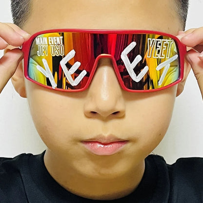 YEET Graphic Sunglasses with Jey Uso Main Event Lettering, Colorful Shield-Style Fan Shades in Children's and Adult Options for Party Outfits