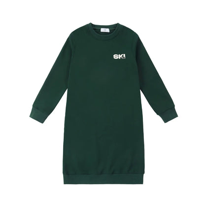 Kids Ski Graphic Cotton Outfits in Ecru, Hunter Green and Acid Wash Grey, Coordinating Sweatshirts, Dresses and Baby Sets for Sibling Matching Looks