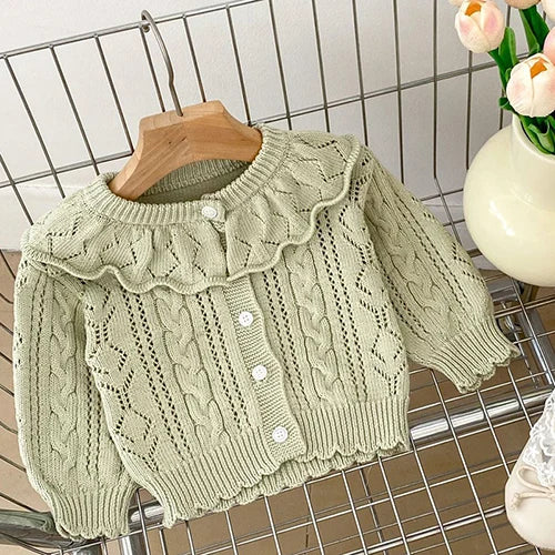 Contrast-Trim Ruffle Collar Baby Girl Cardigan Styles with Button Front and Long Sleeves, Infant and Toddler Knit Sweater Options in Sizes 3M-3T