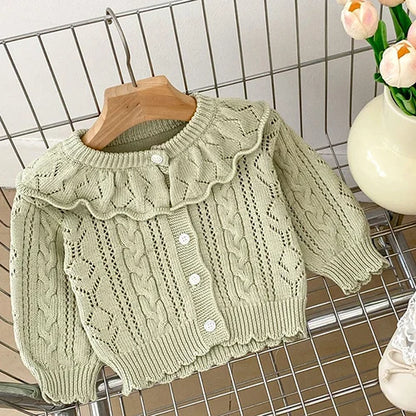 Contrast-Trim Ruffle Collar Baby Girl Cardigan Styles with Button Front and Long Sleeves, Infant and Toddler Knit Sweater Options in Sizes 3M-3T